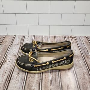 Sperry Top Sider Women's Size 8.5 Non Marking Leather Slide Sandals Black Plaid